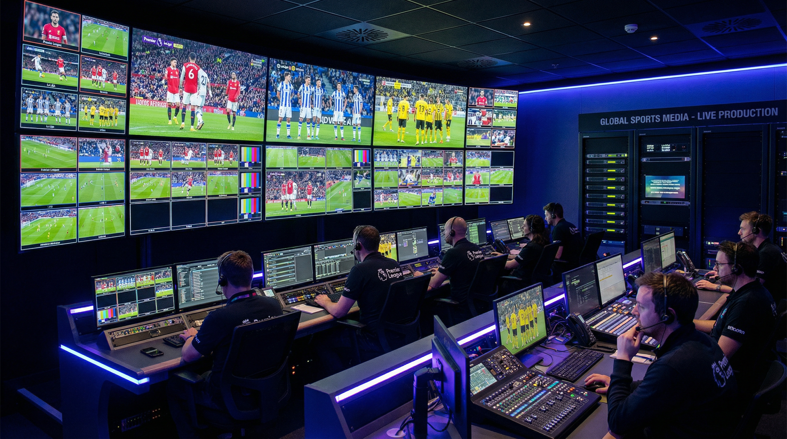 足球直播转播中心，多屏幕显示实时比赛画面